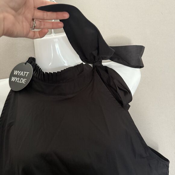 WYATT WYLDE Maxi Dress Large L Black Womens Helena Tie Neck Pockets Cotton New - Picture 11 of 13